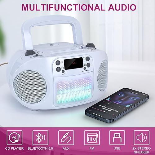 Miniatura 8 de hPlay GC09 Kids Boombox, reproductor de CD, conectividad Bluetooth para teléfonos inteligentes, conectividad AUX, USB, radio y MP3, función de