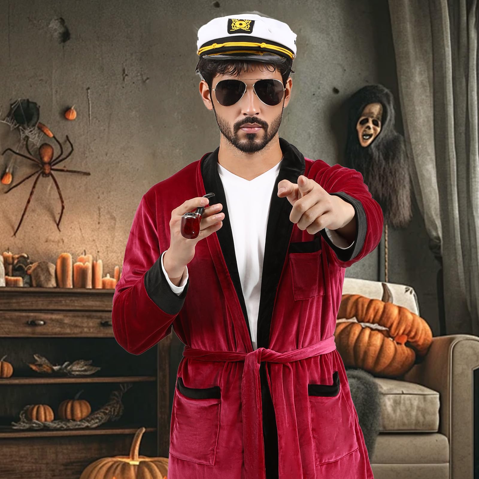nezafly Red Robe Jacket Mens Red Silky Velvet Bathrobe with Captain Hat Glasses Accessories Adult Halloween Cosplay Costume - Image 3