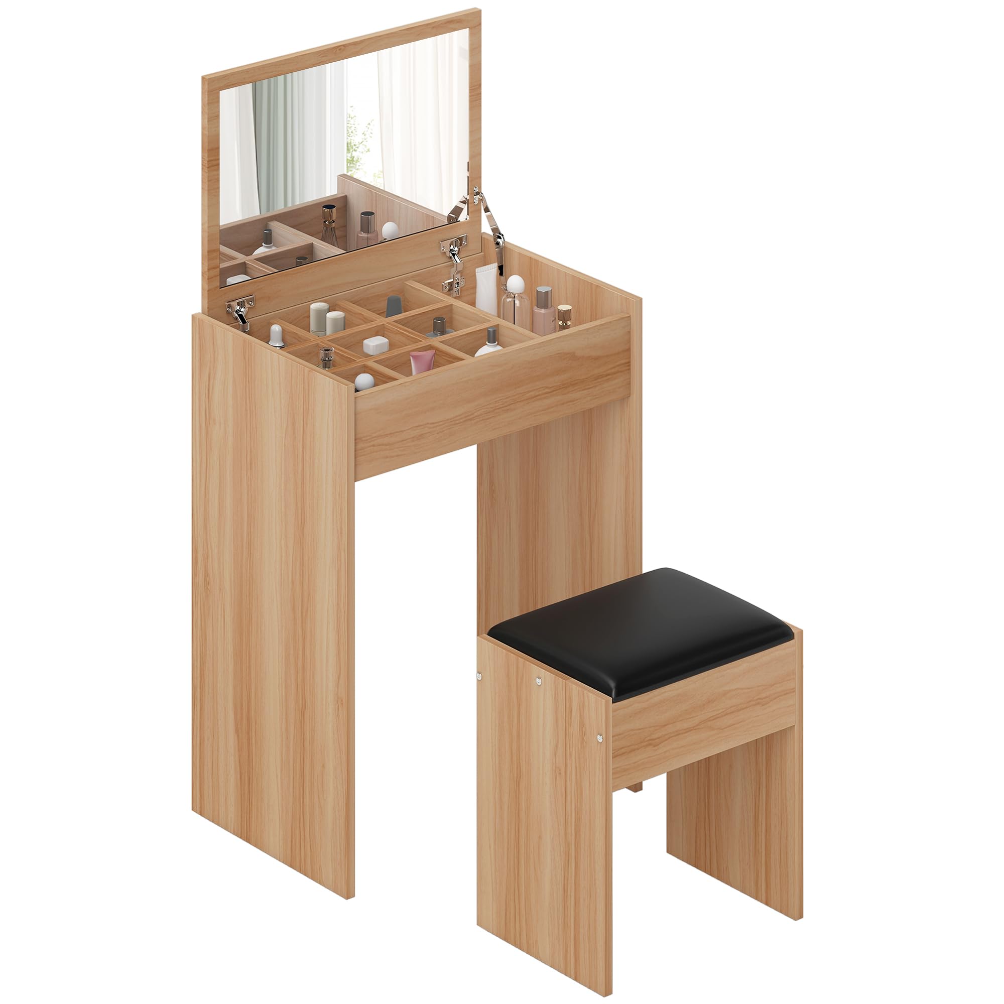 HOMCOM Dressing Table - Padded Stool - Flip-up Mirror - Natural