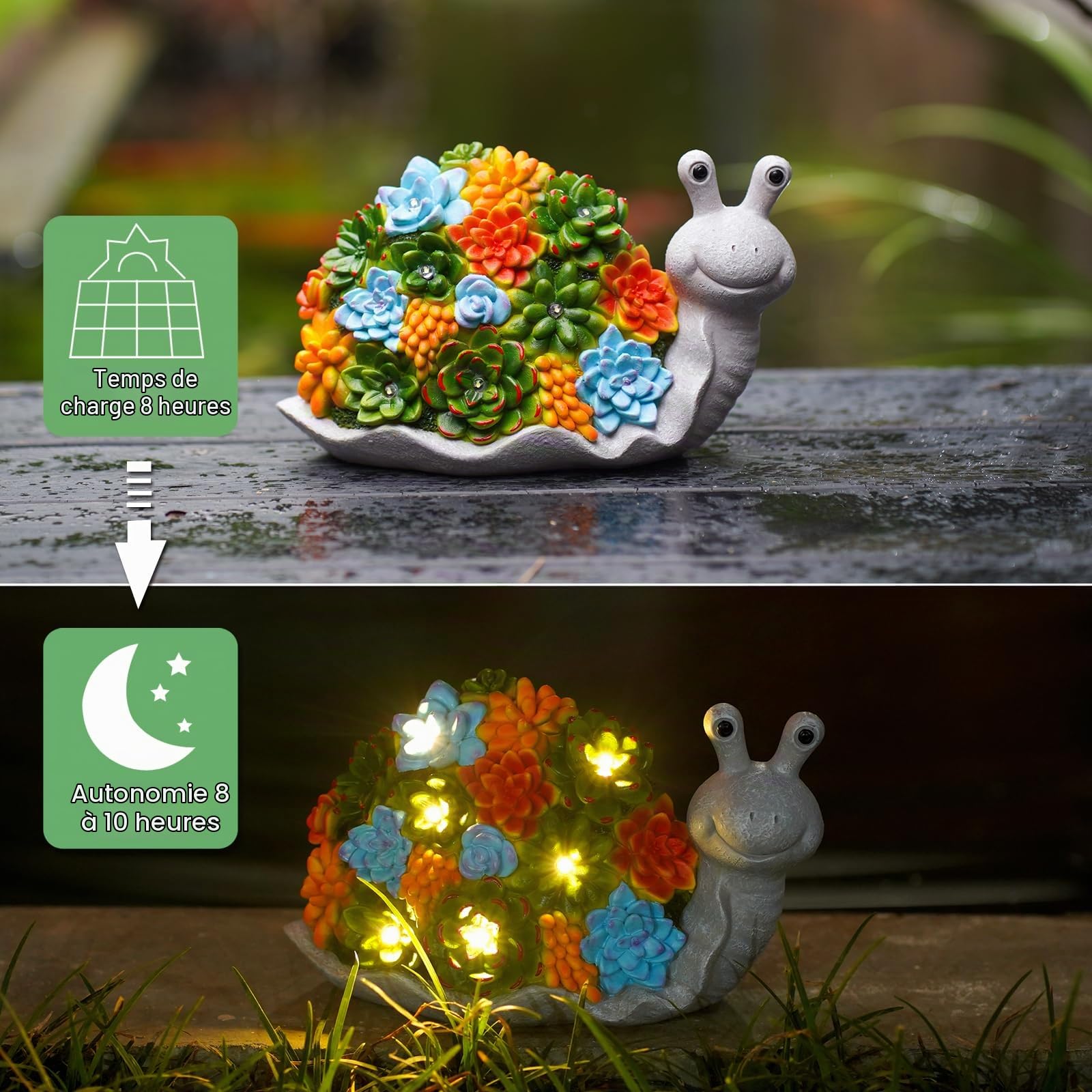 Yeomoo Escargots Solaire Figurine avec Succulentes LED Décoration Jardin