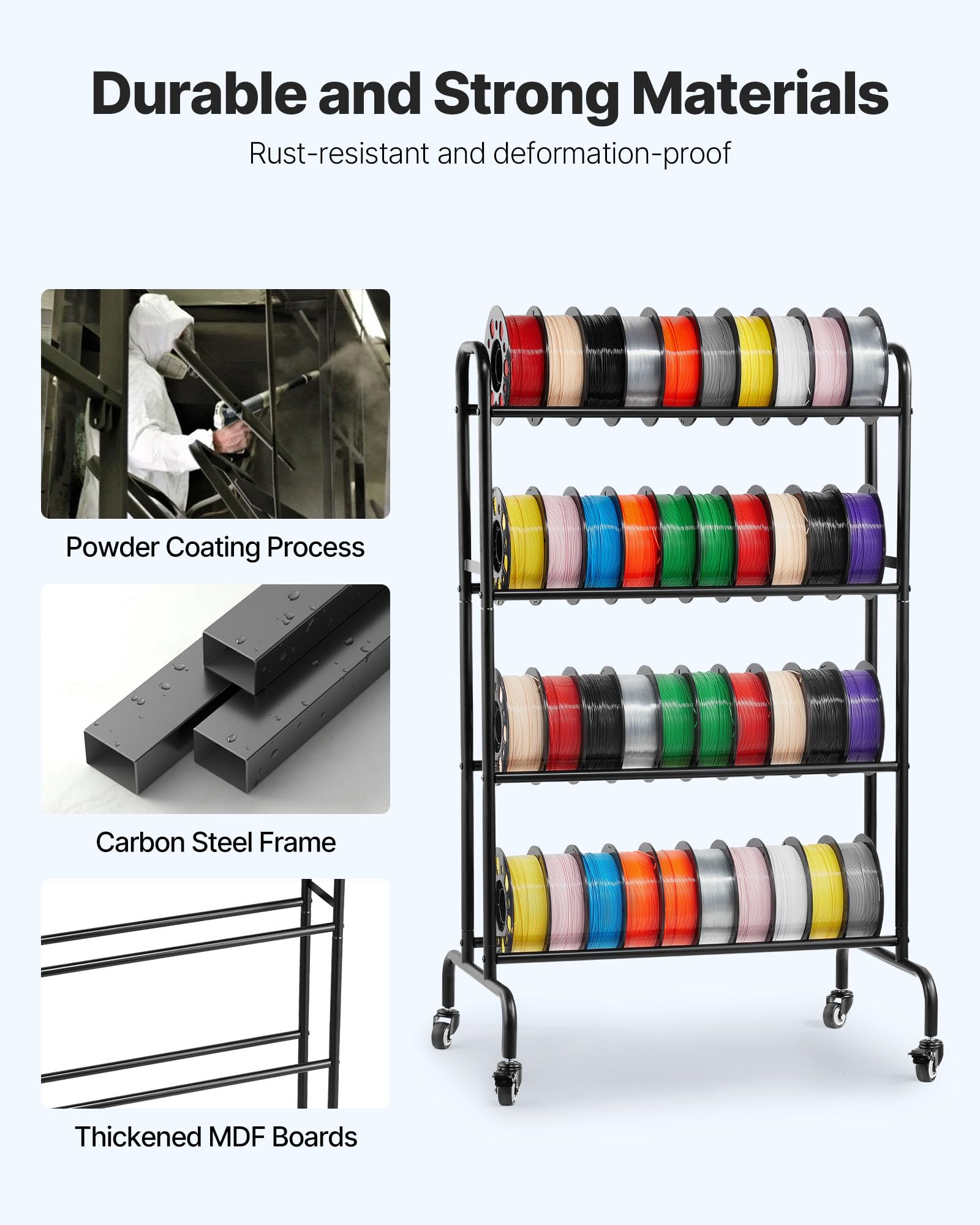 VEVOR Supporto di Stoccaggio per Filamenti 3D da 750 x 455 x 1230 mm Ripiano per Filamento per Stampante 3D a 4 Livelli con Ruote, Filamenti Organizzati per Ufficio e Officina, Nero