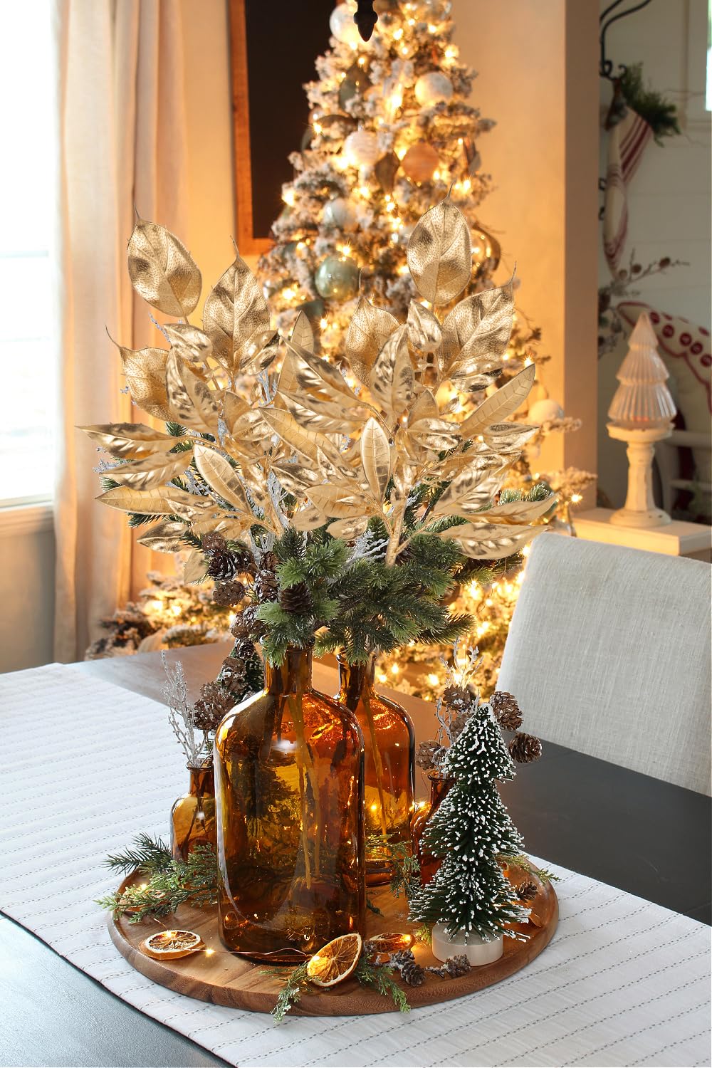Künstliche Blätter für Weihnachtsdekoration, 50,8 cm, Metallic-Gold, künstliche Magnolie und Lorbeerblätter, künstliche tropische Blätter mit Stielen für Urlaub, Party, Dekoration, Weihnachtsmantel,