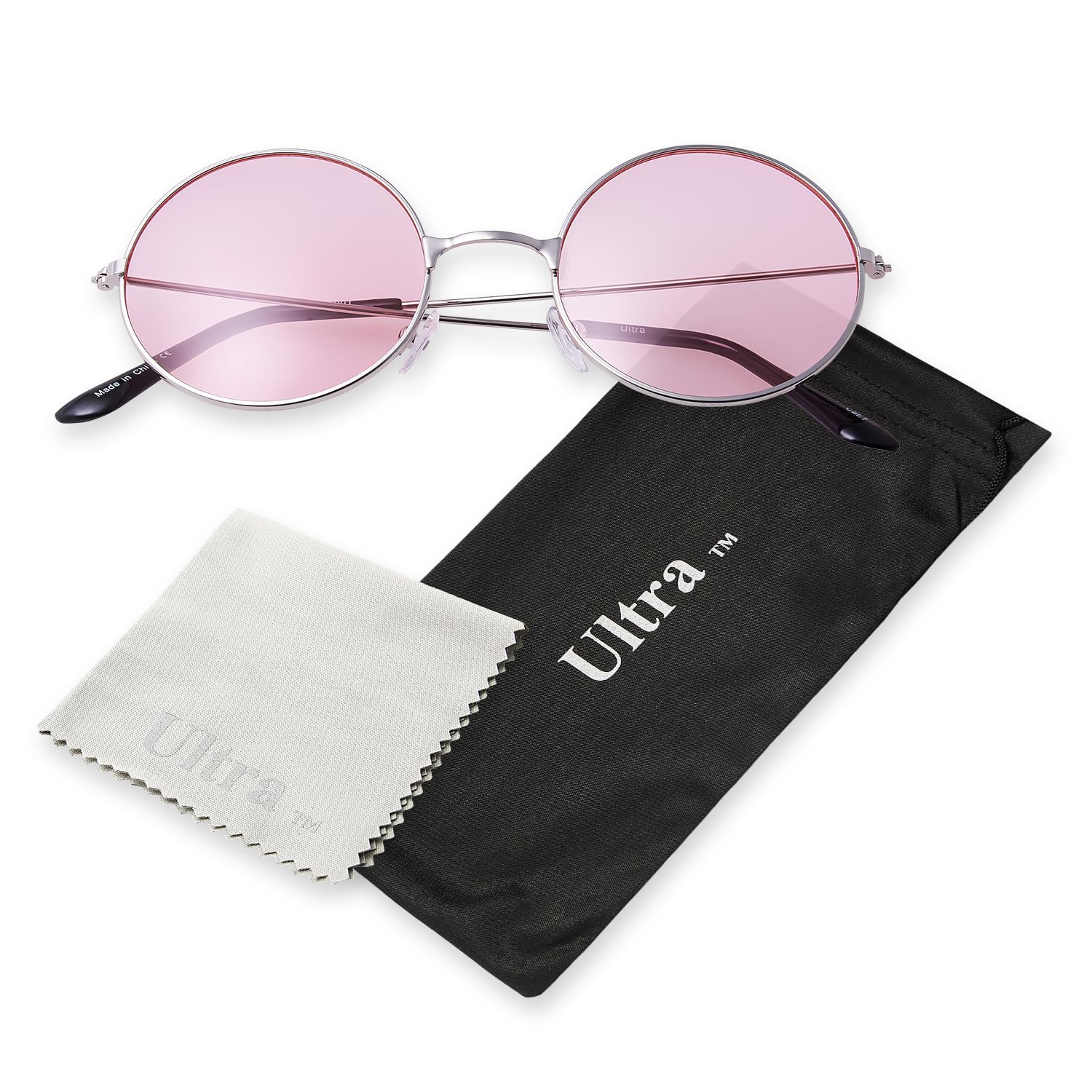 Ultrabyeasypeasystore Unisex Light Pink Ultra Large Round Retro Sunglasses Uv400 - Large Circle Metal Frame With Spring Hinges, Carry Pouch & Cleaning Cloth Mens Womens Shades - Silver With Lenses