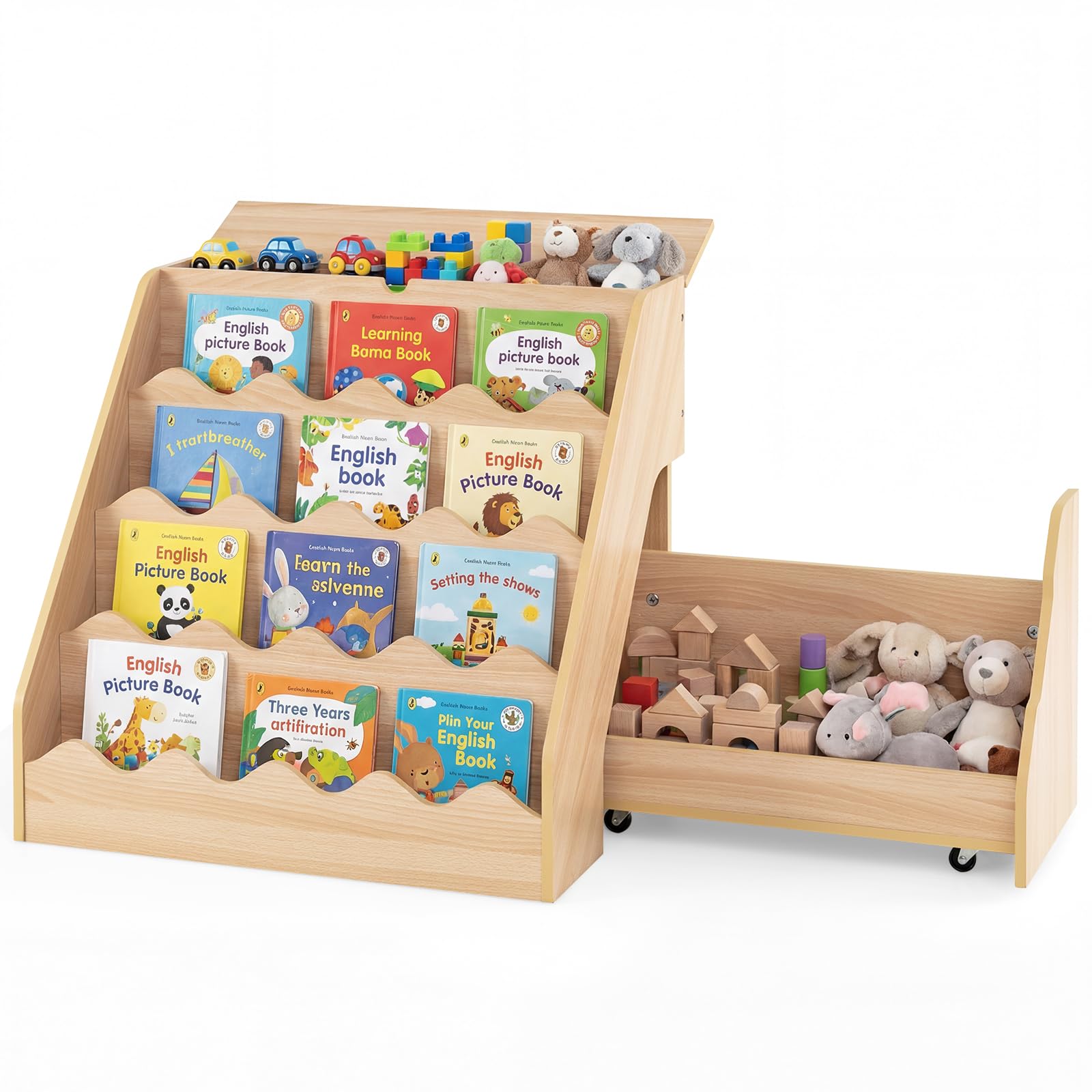 COSTWAY Libreria Montessoriana per Bambini 2in1, Scaffale per Libri a 4 Livelli con Carrello Portagiochi, Vano con Coperchio Ribaltabile, per Cameretta e Stanza dei Giochi, 63x49x61,5 cm (Naturale)