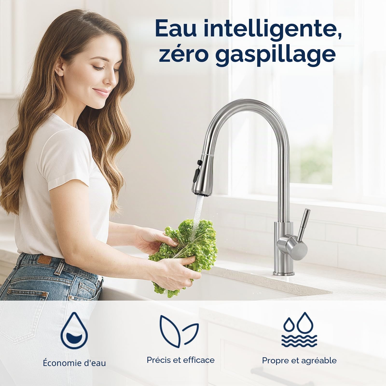 SURFOU Robinet Cuisine, Pulvérisateur Extractible 2+1 Modes, Rotatif à 360°, Mitigeur Chaud et Froid à Haute Pression en Acier Inoxydable, Design Moderne, Facile à Installer, Durable