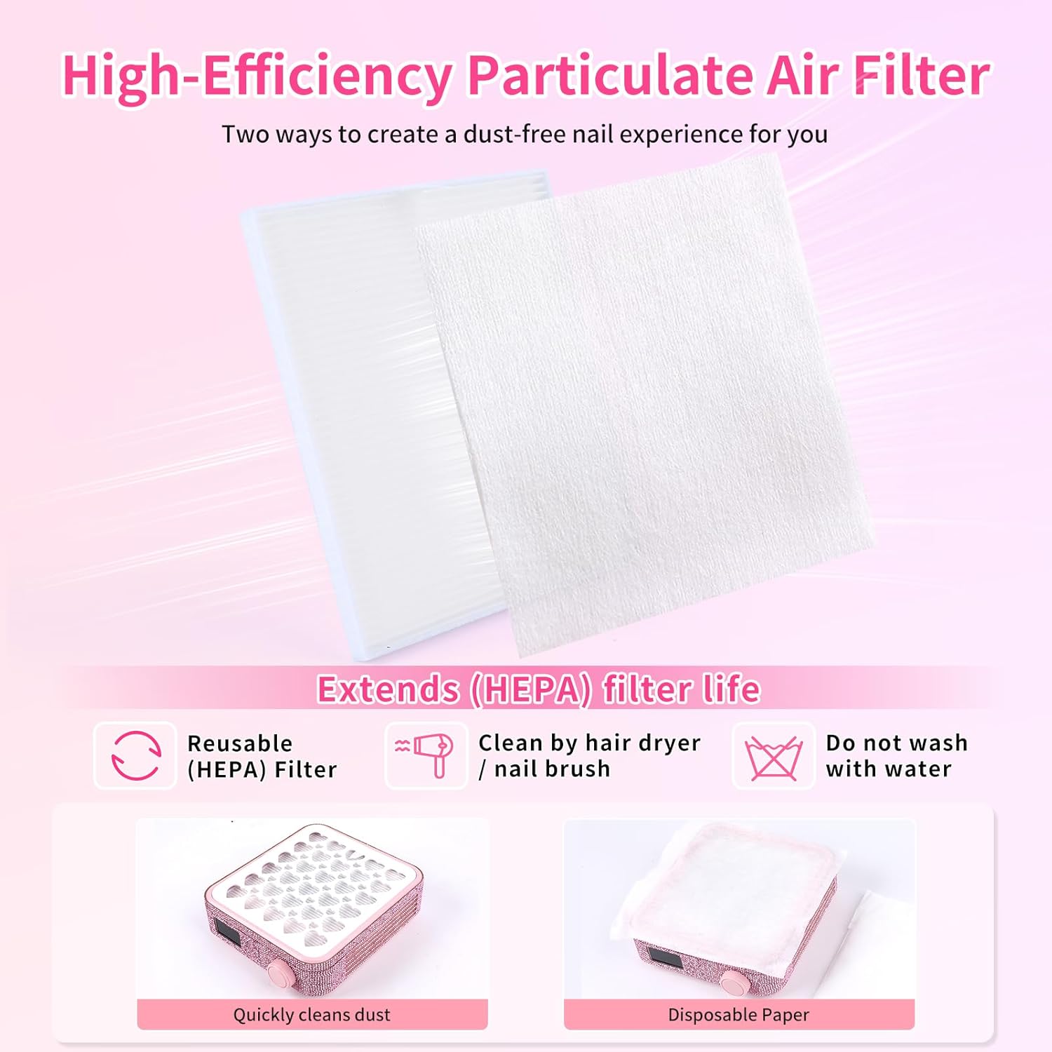 BQAN Nail Dust Collector Portable for Home & Salon - 4200RPM Vacuum with Reusable Filter, for Acrylic Drilling Dust Beginner Friendly Small Manicure Tool (Pink Rhinestones)