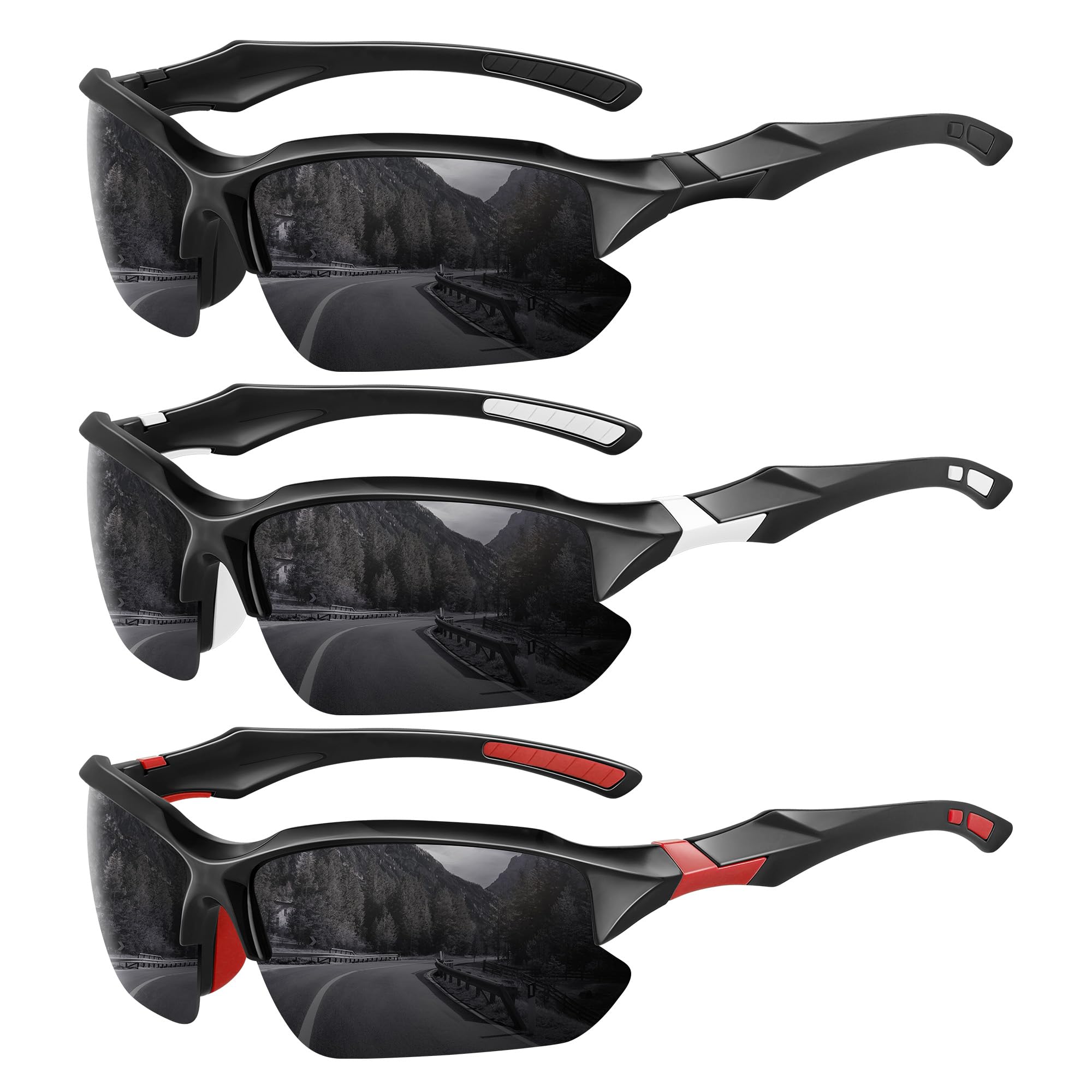 3 Pack Polarized Sports Sunglasses for Men, UV Protection Half Frame Sunglasses Comfortable for Running Cycling Driving