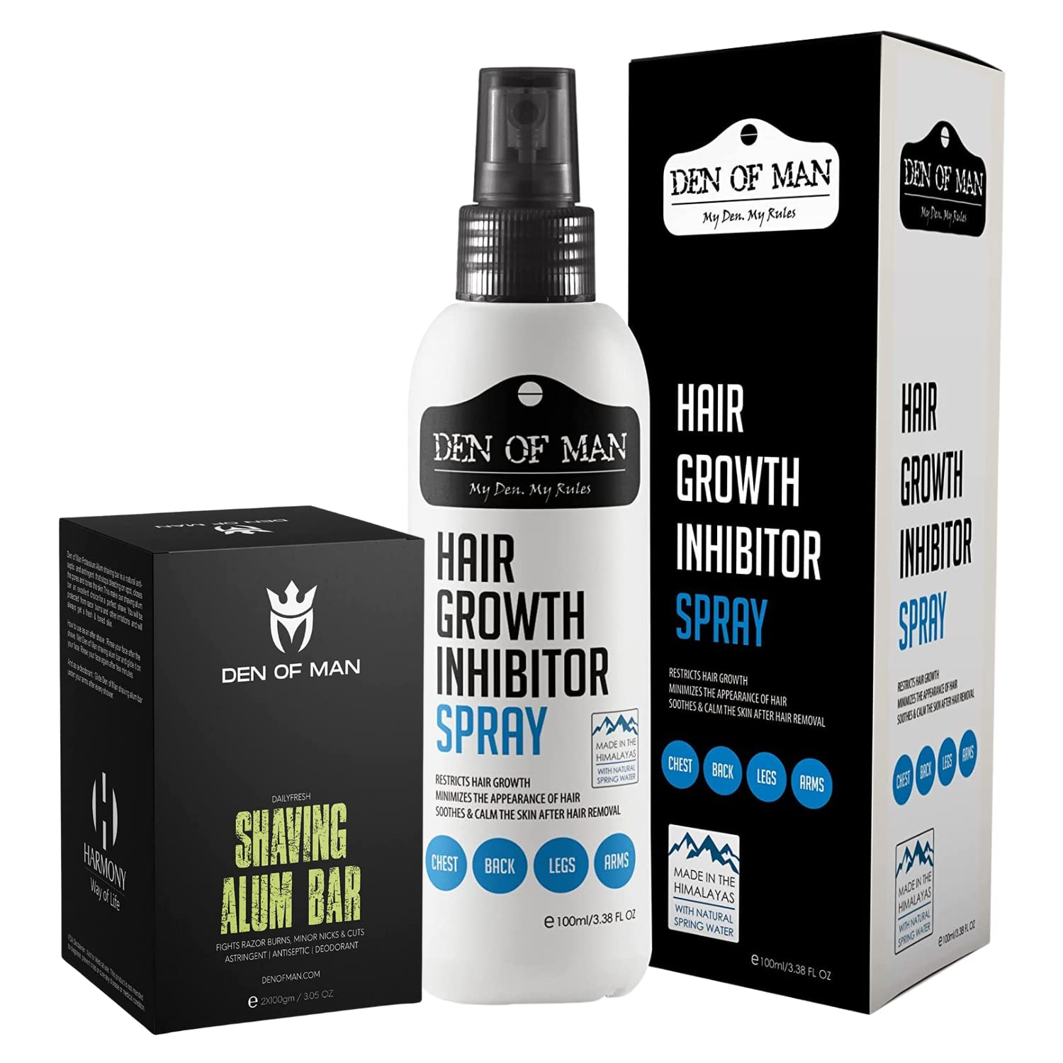Den of Man Shaving Alum Stone Bar Fitkari + 100% Natural Hair Growth Inhibitor Spray For Use After Hair Removal From Body & Face Permanently Minimizes Regrowth For Men & Women 100ml