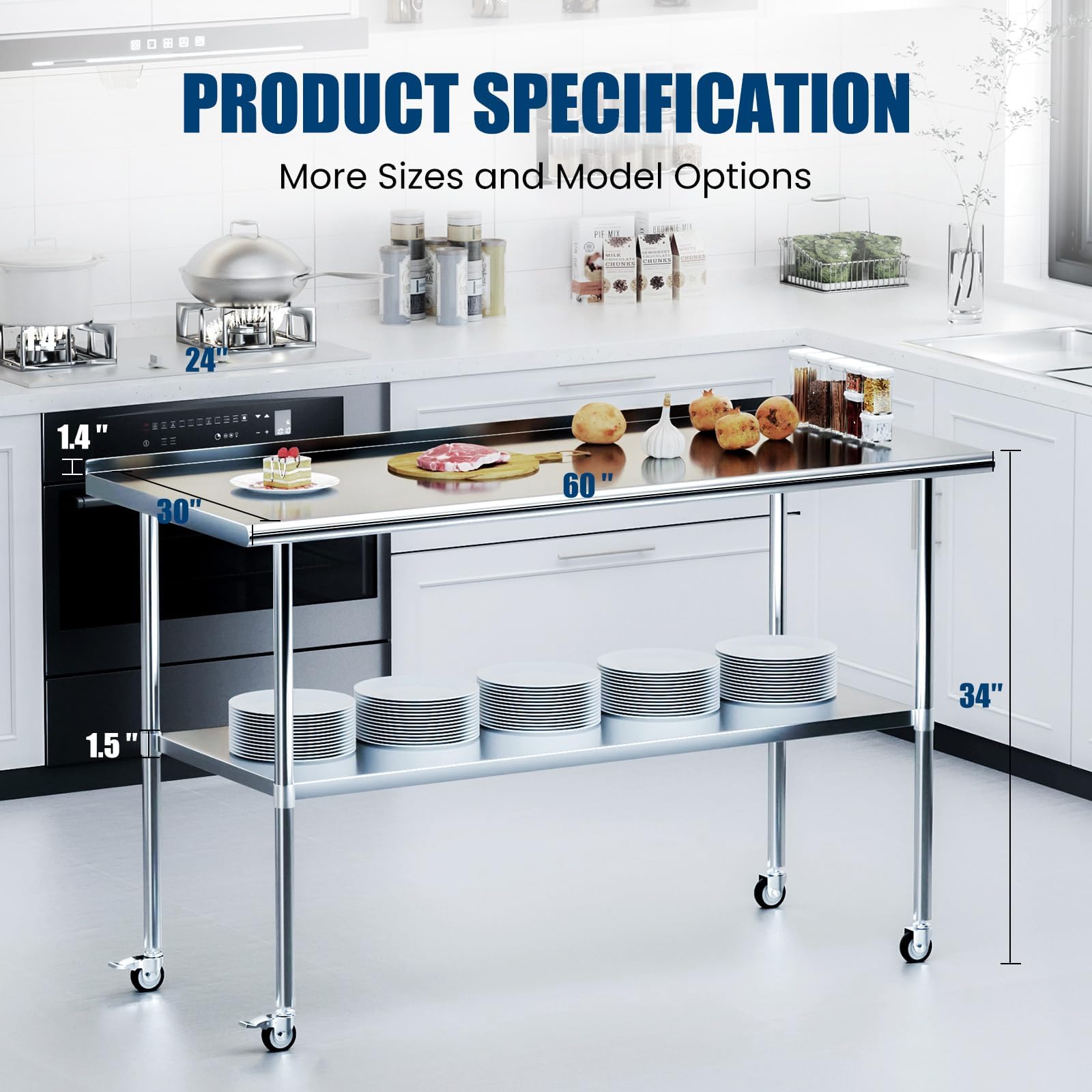 Mesa de acero inoxidable con ruedas de 30 x 60 pulgadas, mesa de metal para preparación de alimentos con protector contra salpicaduras y estante inferior ajustable, mesa de utilidad para