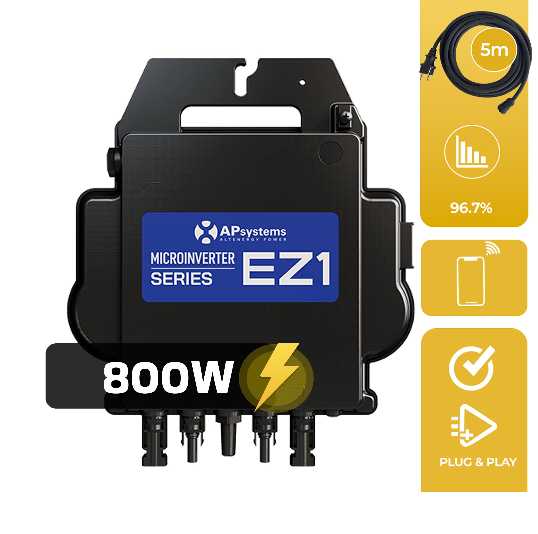 SUNNIVA® 1000W Balkonkraftwerk BIFAZIAL FULLBLACK komplett Steckdose AP Systems EZ1-M 800 Watt Wechselrichter, Solaranlage Komplettset, 2x500W Glas Bifacial Solarmodule, 5m Kabel, 4x1m Solarkabel