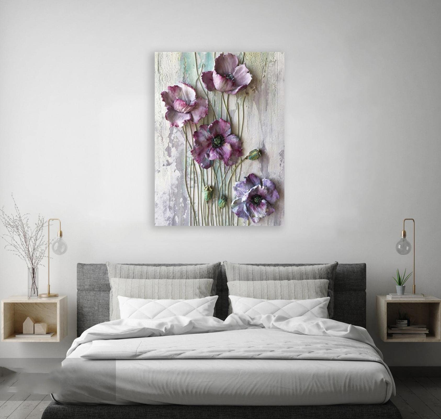 Oprawiony. Abstrakcyjny kwiatowy obraz na ścianę. Plakat z fioletowymi kwiatami. Ponadwymiarowa sztuka ścienna. Nowoczesne obrazy do dekoracji salonu. 60 x 90 cm (23,7 x 35,5 cala) oprawione