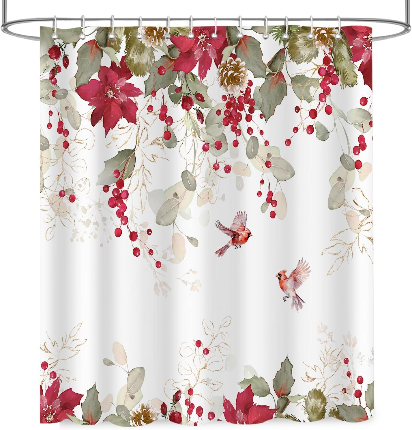 APROPHIC Christmas Shower Curtain for Bathroom, Red and White Berries Eucalyptus Pinecone Flower Bird Cardinals Shower Curtain, Winter Holiday Bathroom Decor Waterproof Fabric with 12 Hooks 72x72 in