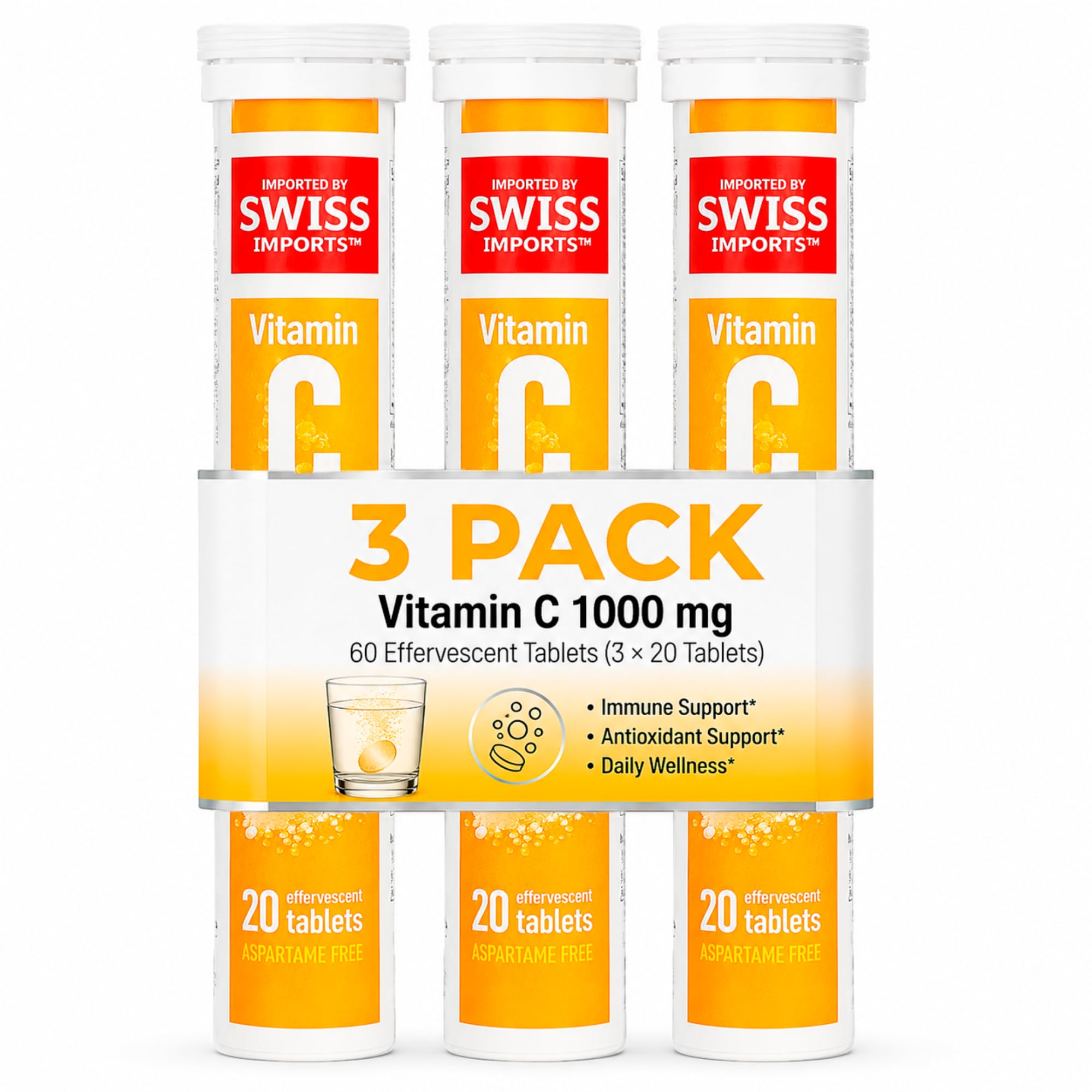 Effervescent Vitamin C 1000mg Dietary Supplement, 3-Pack, 60 Tablets Orange 20 Count (Pack of 3)