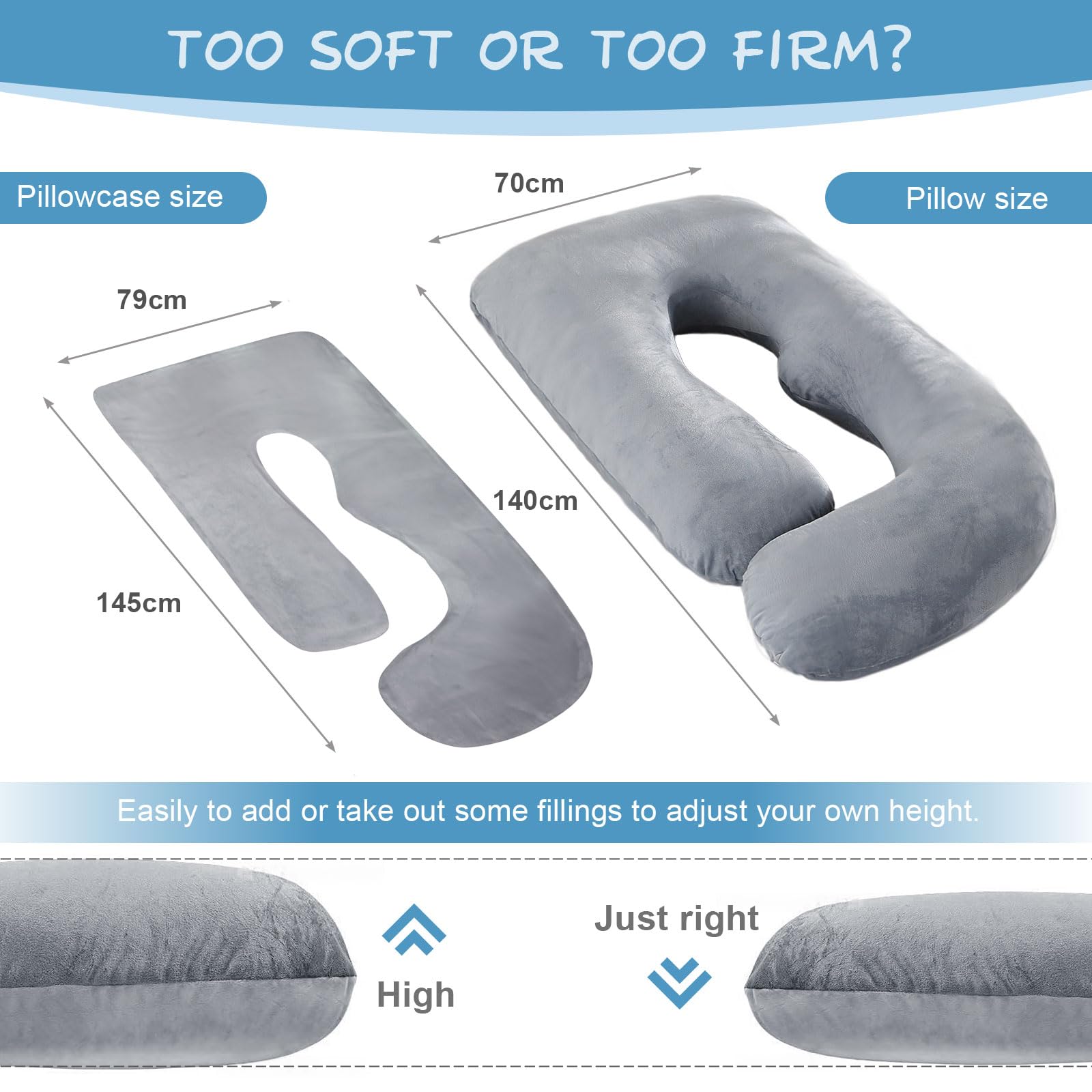 Almohada para Embarazadas, Almohada de Embarazo, Almohada de Cuerpo Completo en Forma de J, Almohada de Lactancia con Funda de Terciopelo Extraíble y Lavable,145x70 cm(Gris Claro)