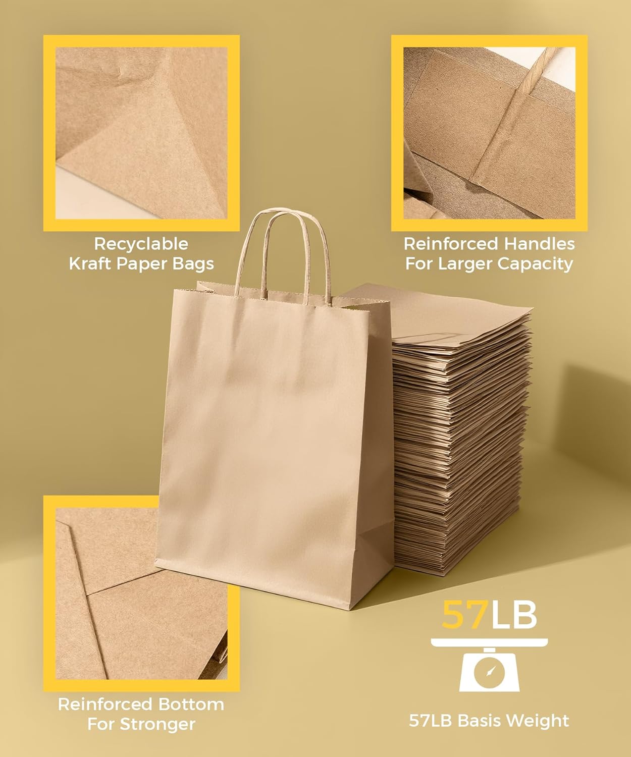 Paper Grocery Bags with Handles (100 Pcs Bulk) 12x7x14 Inches, Large Brown Paper Bags 57 Lbs Basis - Heavy Duty Kraft Paper Sacks for Shopping, Retail, Takeout, To Go - Image 4