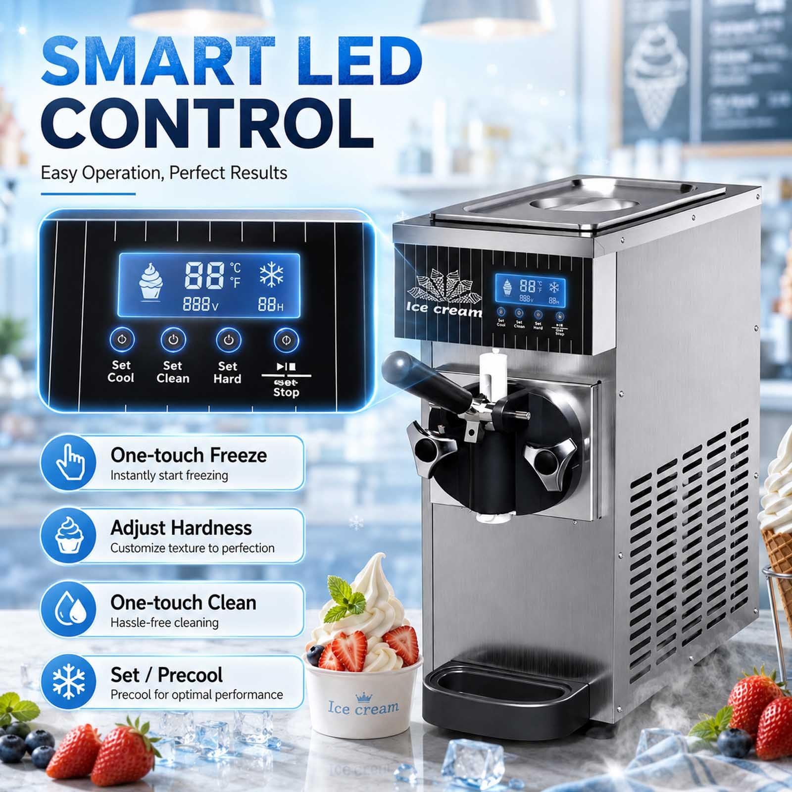 Macchina per gelato, 450 W, per servire dolcemente e servire in modo commerciale, 4-5 kg/ora, pannello touch LCD, pulizia con un pulsante, ideale per ristoranti e snack bar