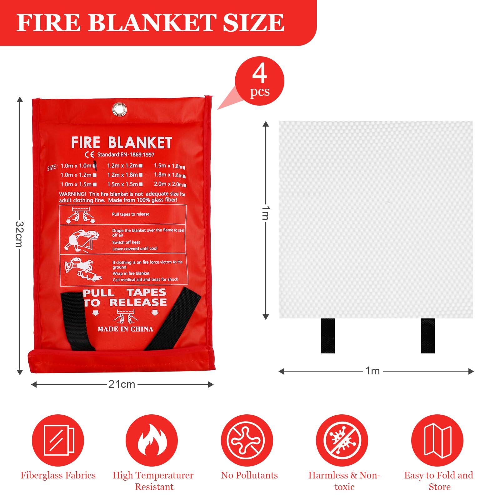 4 Pezzi Coperta Antincendio per Cucina Casa Emergenza 1m x 1m, Coperta Antincendio in Fibra di vetro, Antifiamma Coperta di Sicurezza Ignifuga per Cucina, Camino, Barbecue, Auto, Campeggio