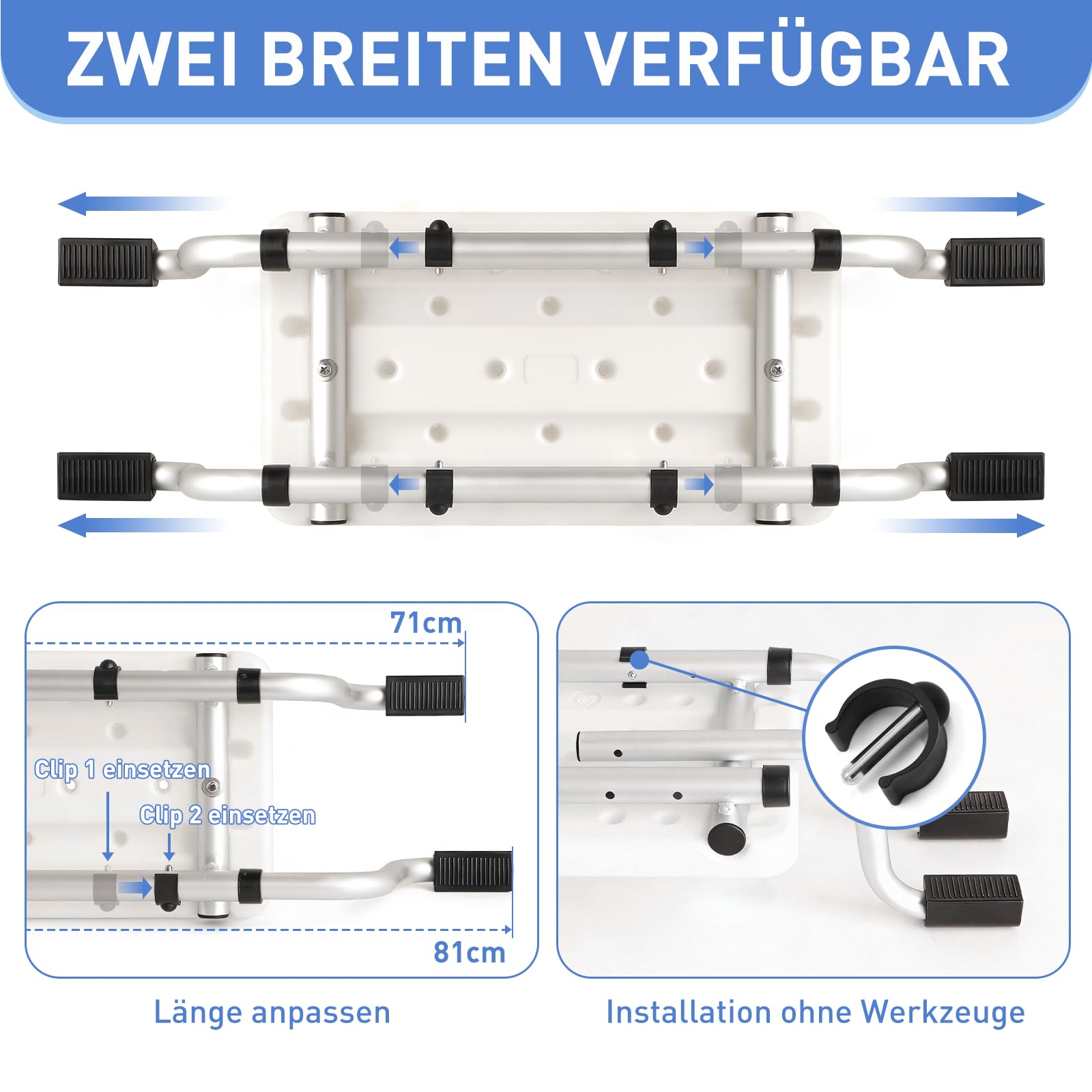 Asiento de bañera para personas mayores con asas negras y asiento gris – Tabla de bañera estable hasta 120 kg, ajustable de 71 a 81 cm, aluminio inoxidable