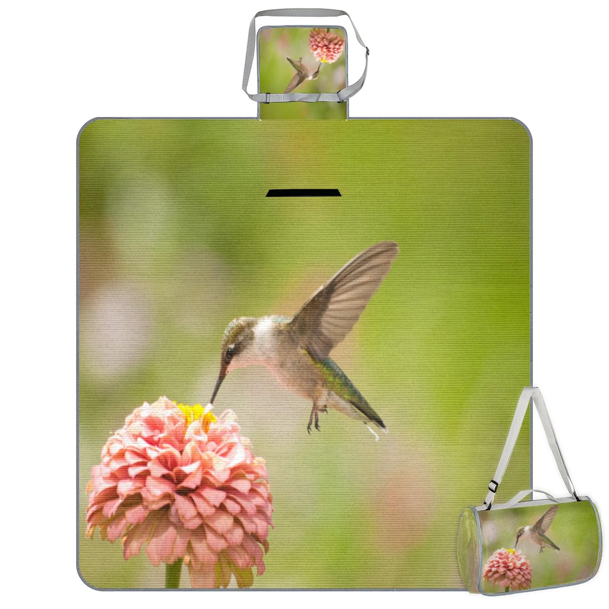 Shimoshe Picnic Blankets 57”x 59”, Zinnia Hummingbird Waterproof Sandproof Picnic Mat Lightweight Foldable Beach Blanket for Camping Park Grass Beach Outdoor Blanket
