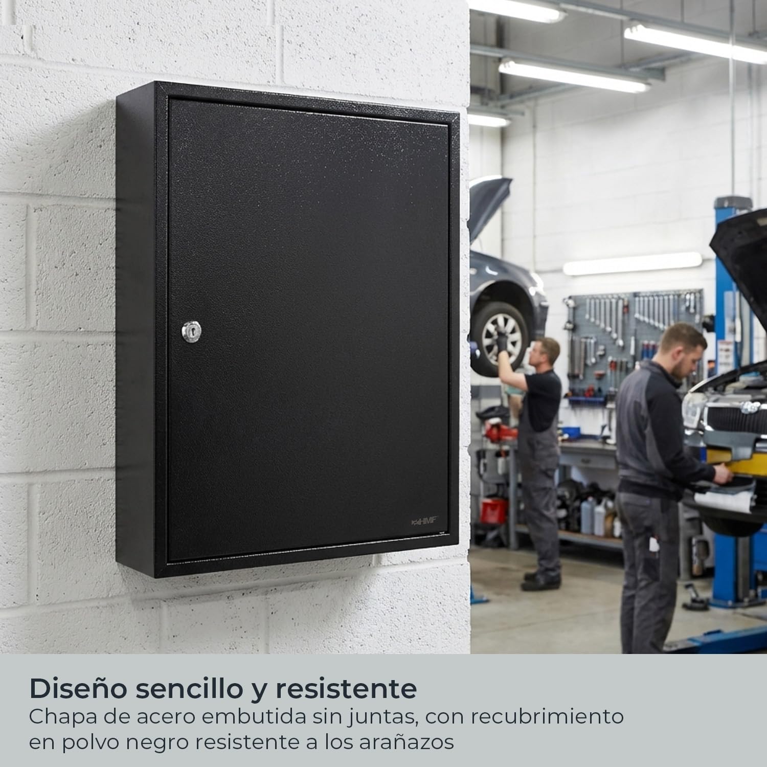 HMF Armario para Llaves Grande de Acero, Caja Llaves Pared con Cerradura para Oficina, administración o Flota de vehículos | 100 Ganchos para Llaves | 55 x 38 x 8 cm | Negro