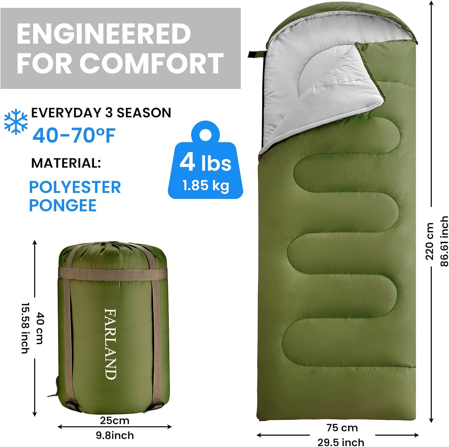 FARLAND Sleeping Bags for Adults Teens Kids with Compression Sack Portable and Lightweight for 3-4 Season Camping, Hiking,Waterproof, Backpacking and Outdoors