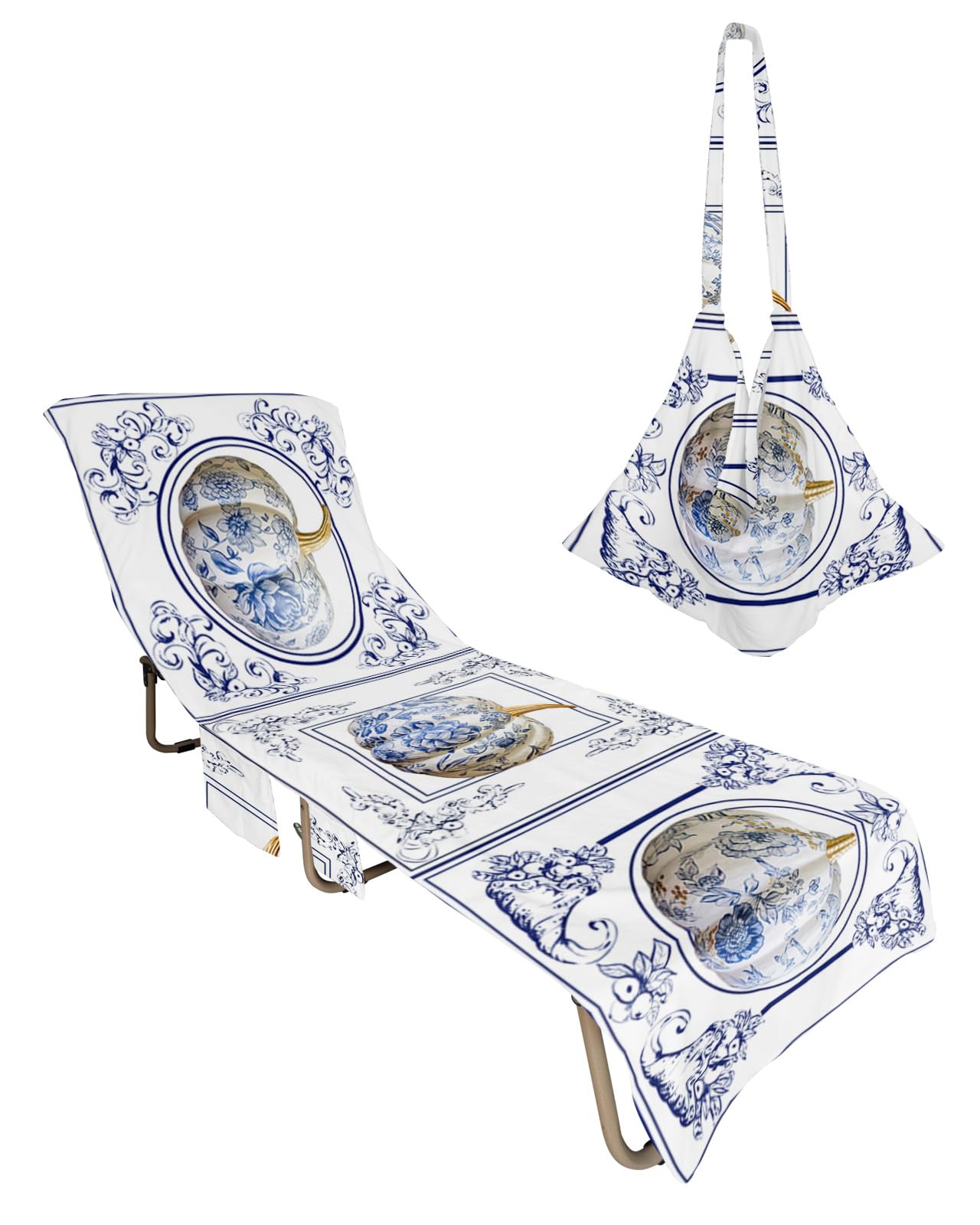 Chinese Thanksgiving, Beach Lounge Chair Towel Cover, Soft Chaise Lounge Towel with Side Pockets Patio Pool Chairs Cover for Beach/Pool Sunbathing 29x85 Fall Pumpkins Tile Floral Aesthetics Decor