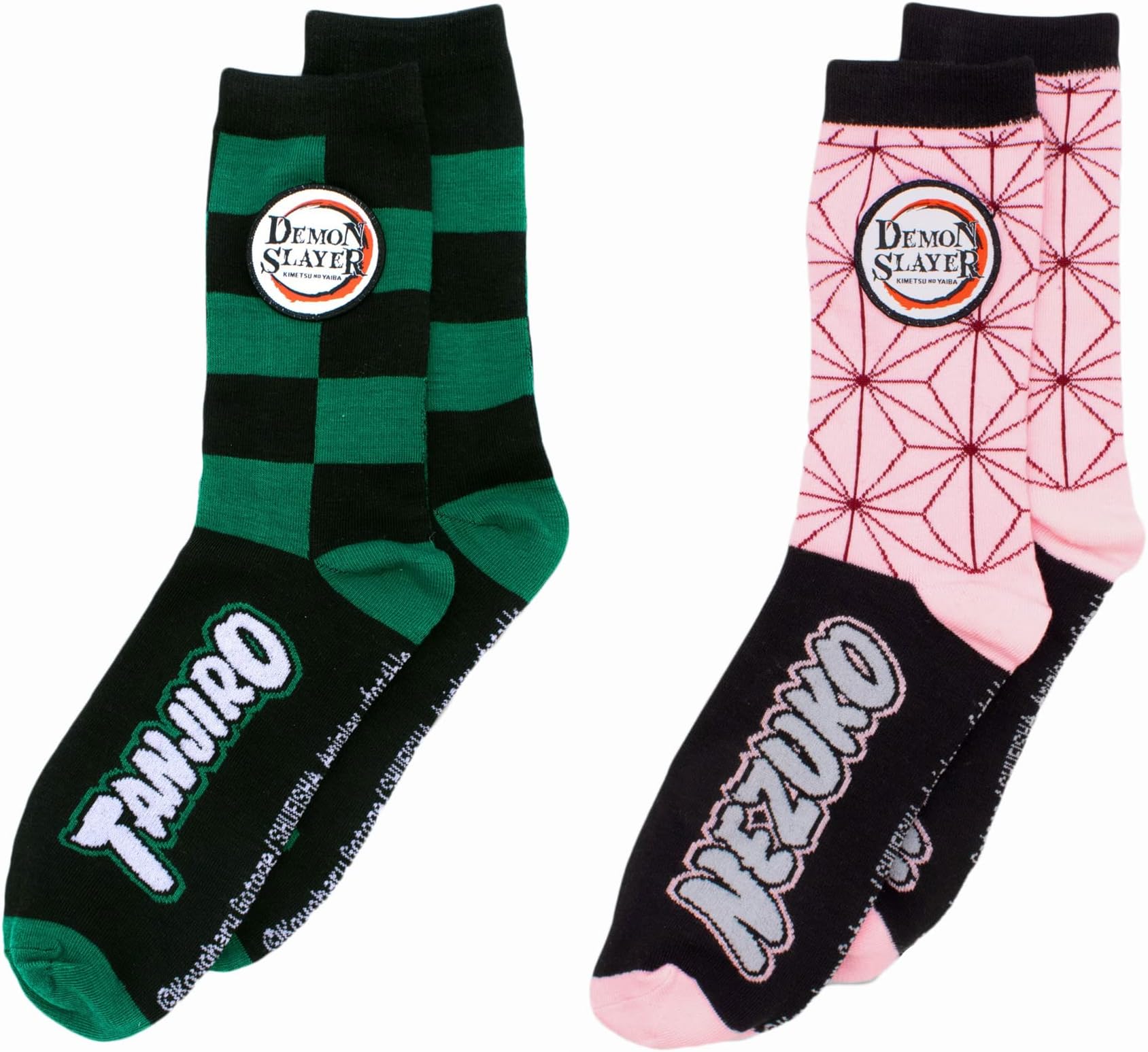 Demon Slayer Assorted 2-pack Socks - Nezuko & Tanjiro Character Pattern Anime Crew Socks (Multicolor, One Size)