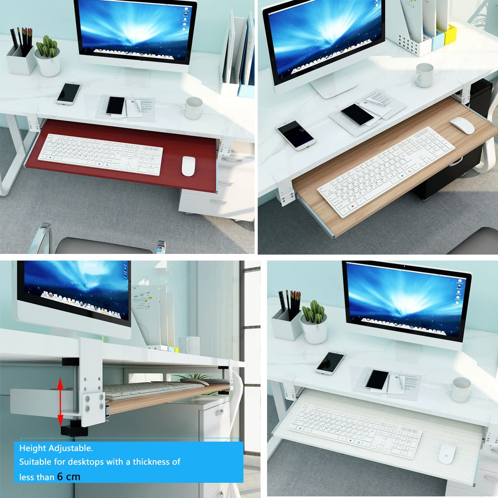 Drewniana taca na klawiaturę do domowego biura pod biurkiem wysuwana szuflada na klawiaturę z przesuwaną szyną klawiaturą i myszką, biała, 55 cm x 30 cm