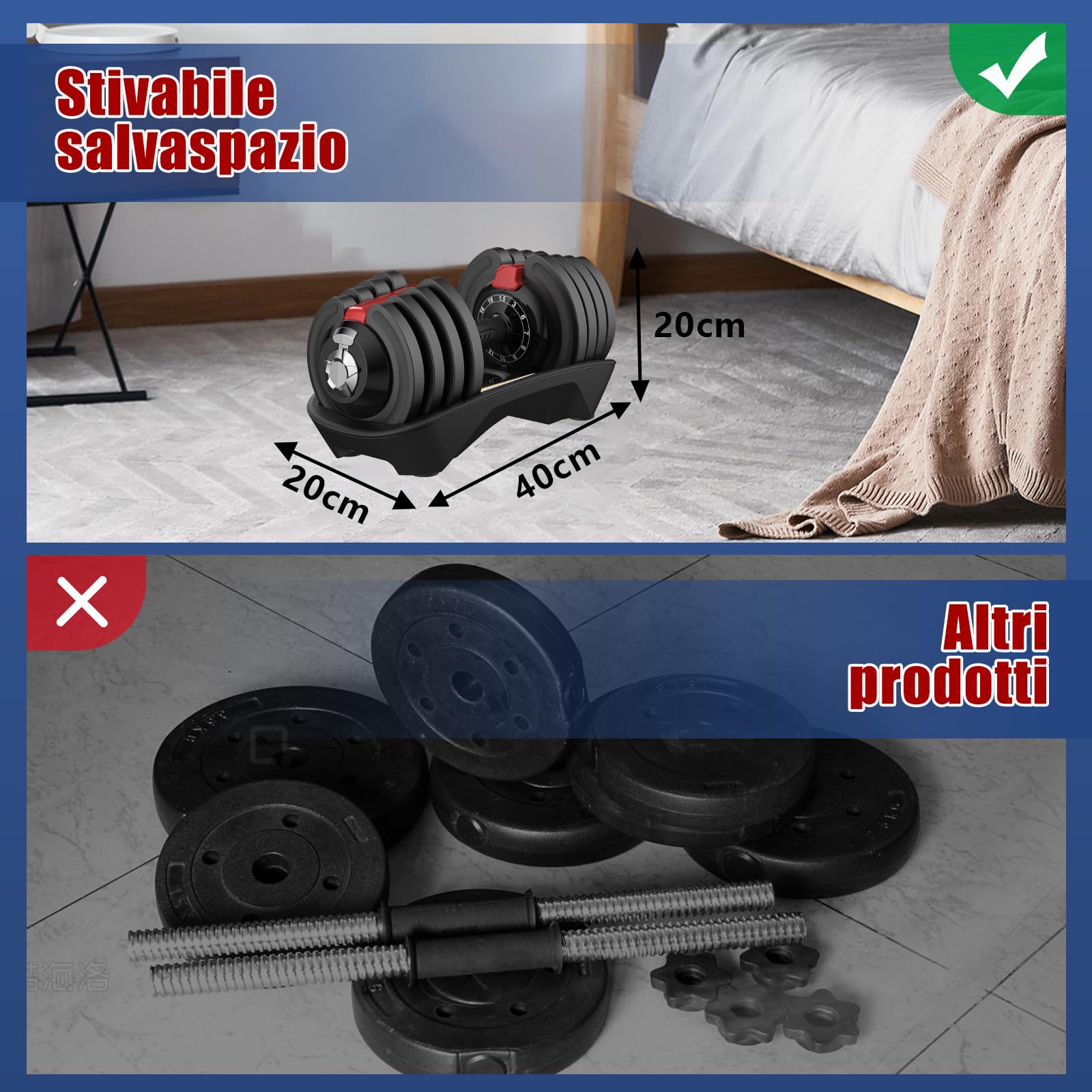 DH FitLife Manubri Regolabili da 1,5 kg a 18 kg con Base Porta | Set Manubri Componibili per Uomo e Donna con 12 Pesi in 1 | Kit Pesi Salvaspazio per Allenamento a Casa