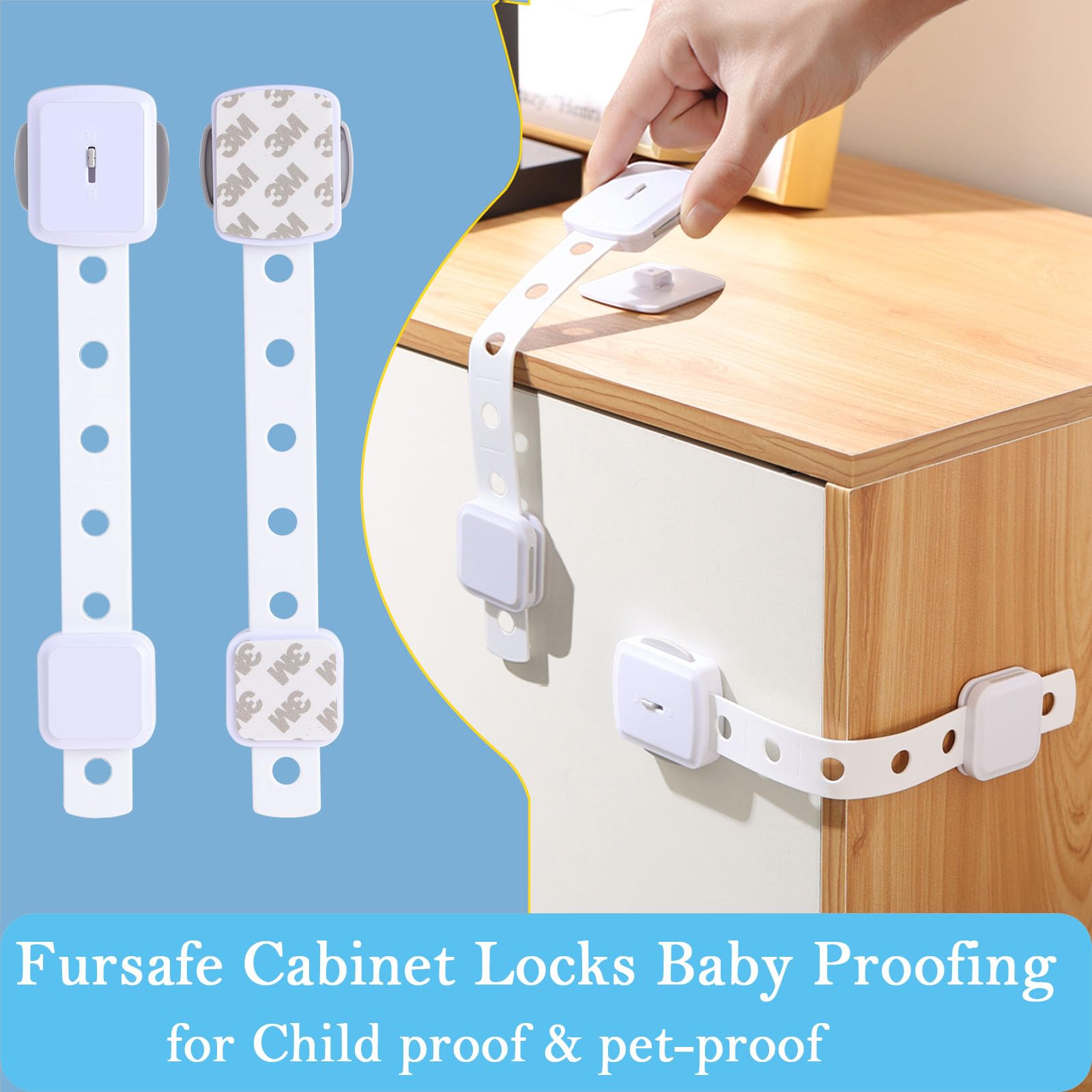 Fursafe&Q Schrankschlösser, Babysicherung, Sicherheitsschlösser für Babyschubladen, selbstklebende Kindersicherungsriemen, verstellbare Türriegel für Kühlschrank, WC, Ofen, kein Bohren, Möbel