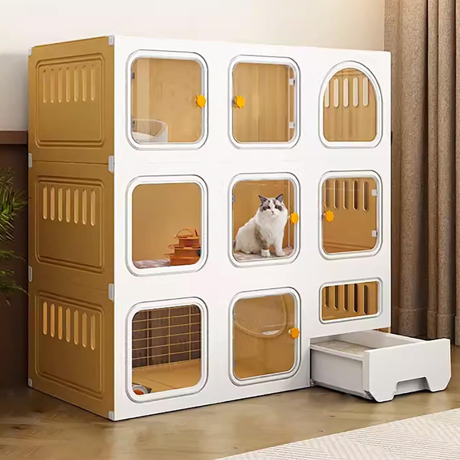 Cat Cage Indoor with Cat Ladder, Litter Box, Scratching Post and Bed - Small Animal Cage for Kittens, Puppies, Guinea Pigs, Rabbits - Large Exercise Place for 1-2 Cats - Ideal for Ferrets, Chinchillas