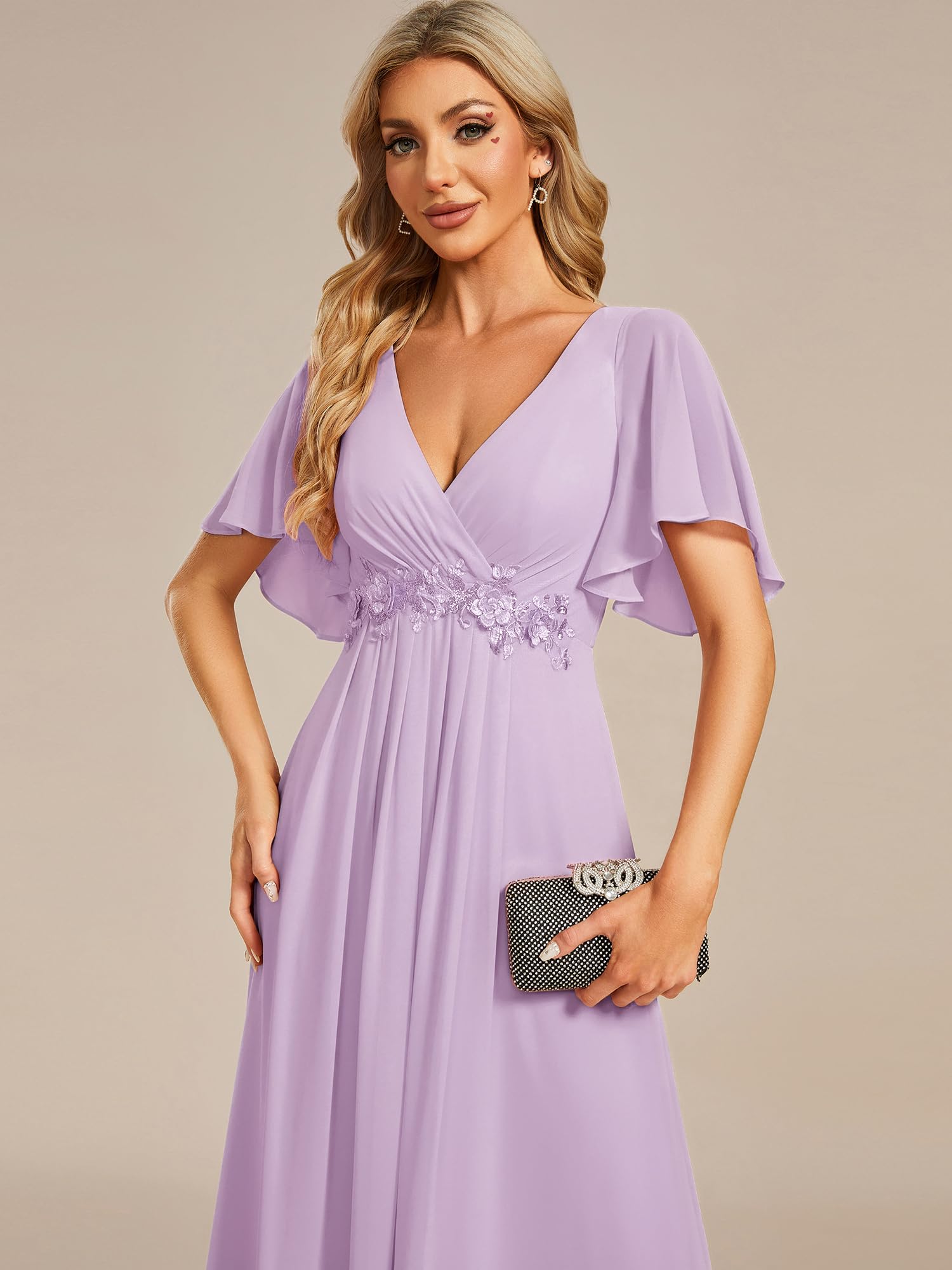 Ever-Pretty Abito T Meno di Nozze Lungo Appliqu Scollo a V Manica Corta Chic EE01960