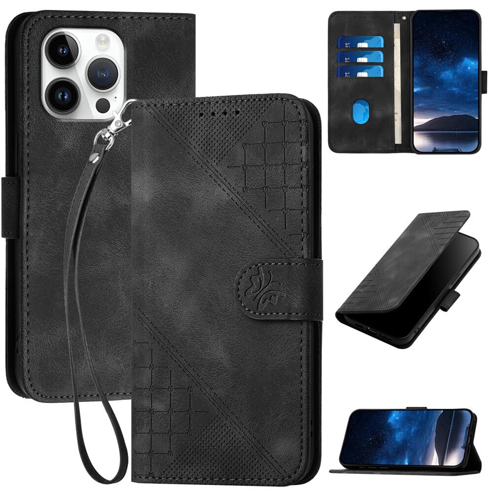 Generic Custodia compatibile con iPhone 15. Colore: nero Custodia a libro in pelle con motivo retrò