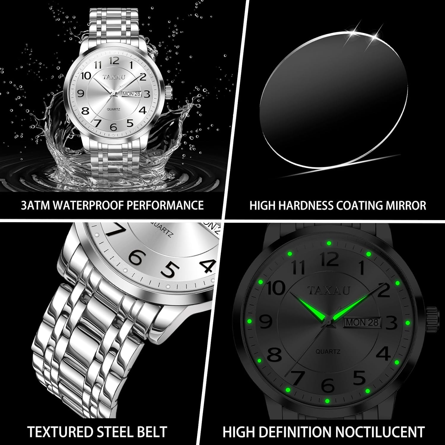 Men’s Dress Watches Waterproof Analog Quartz Watch with Day Date Stainless Steel Band Luxury Large Arabic Numerals Classic Luminous Hands Easy Read, Hidden Butterfly Clasp Relojes para Hombres - Image 4