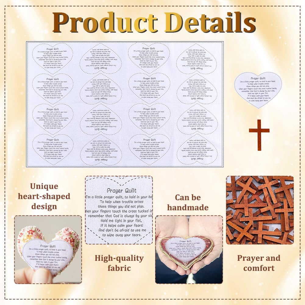 ORIGACH Pocket Prayer Quilt Set 32 Pcs Heart Shape Panel Prayer Quilt Squares with 50 Pcs Small Wooden Cross Mini Scripture Religious Faith Church Gift for Women Mother Family Friends