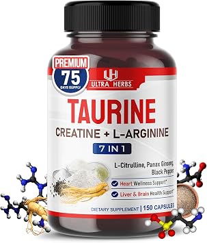 Taurine Supplement enriched with Creatine, L-Arginine, L-Citrulline, Panax Ginseng | Taurine Capsules for Heart Wellness, Nervous System, Brain & Eye Health | 150 Capsules