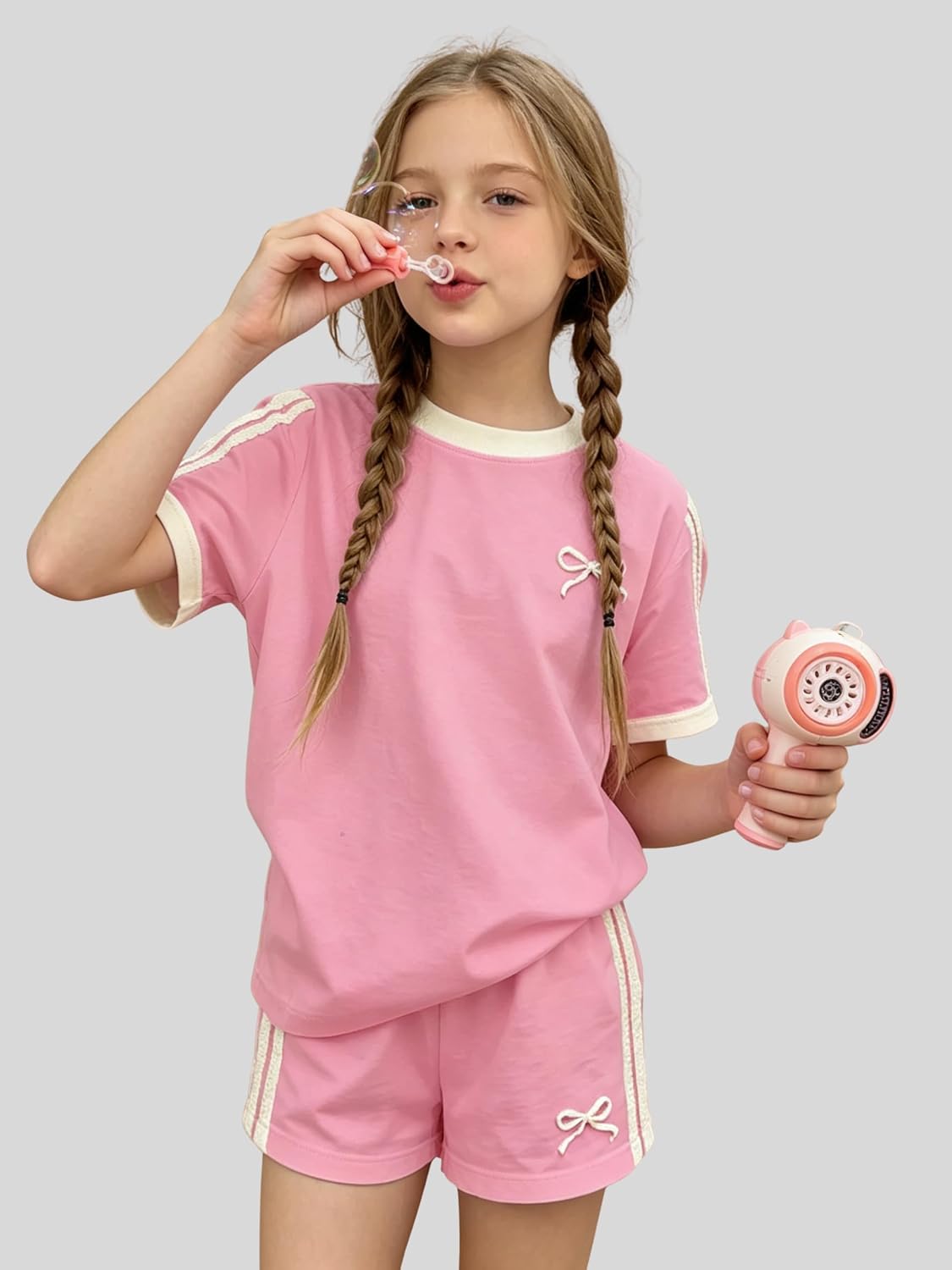 KIDLAGA Girls Shorts Sets 2 Pieces Outfits Bow/Cherry T-Shirt & Plaid Shorts Girls Summer Short Set 6-14Y