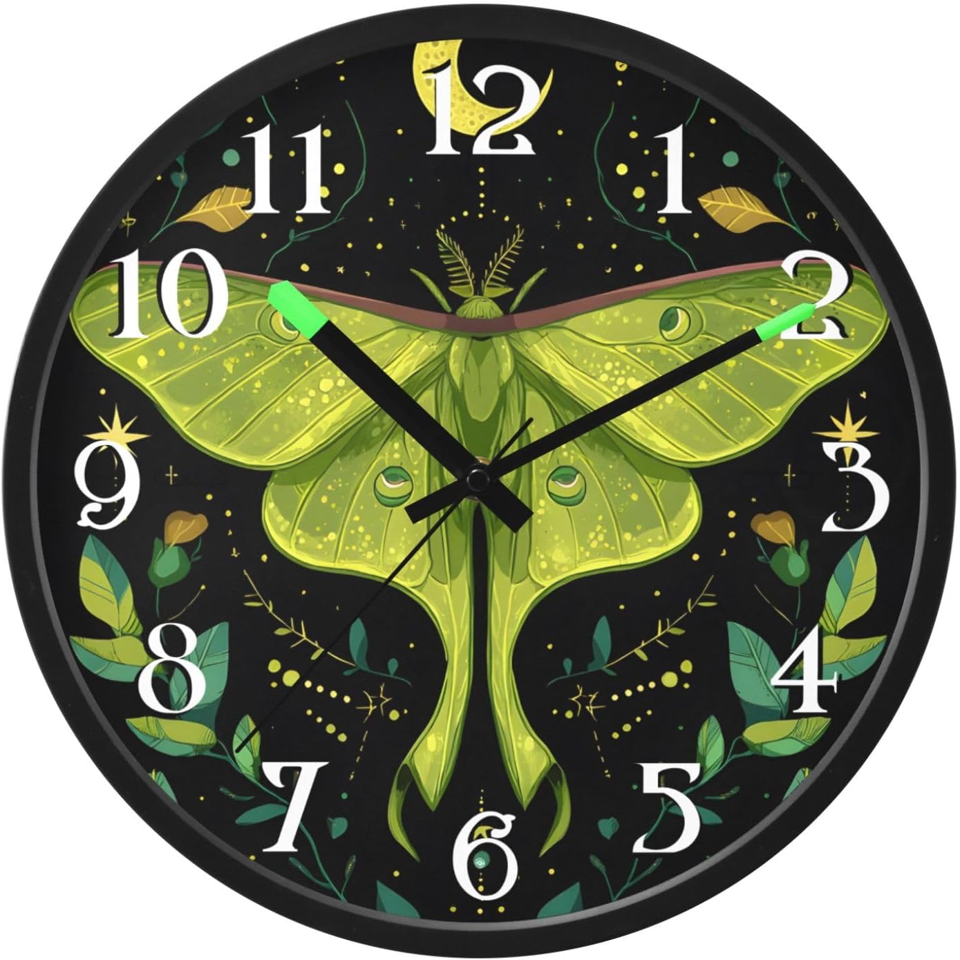 ALAZA Mystical Green Moon Moth Boho Clock Wall Clocks Glow in Dark Battery Operated Silent Wall Clock 12 Inch Non Ticking Night Light Clock for Bedroom