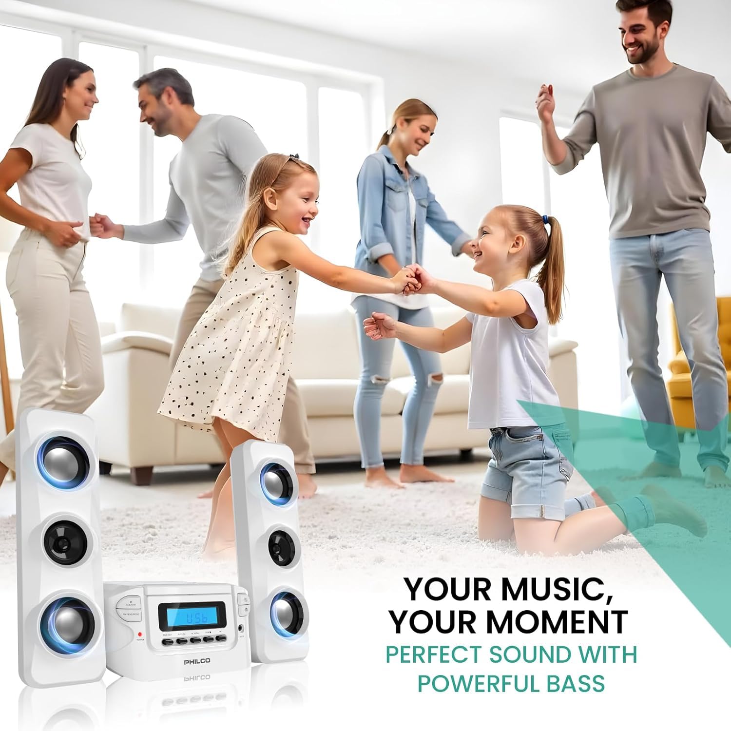 Philco Systemy regałów stereo, kompaktowy system regałów CD z cyfrowym radiem stereo FM, bezprzewodowym Bluetooth i pilotem zdalnego sterowania w kolorze czarnym, wyświetlacz LCD, kompatybilny z