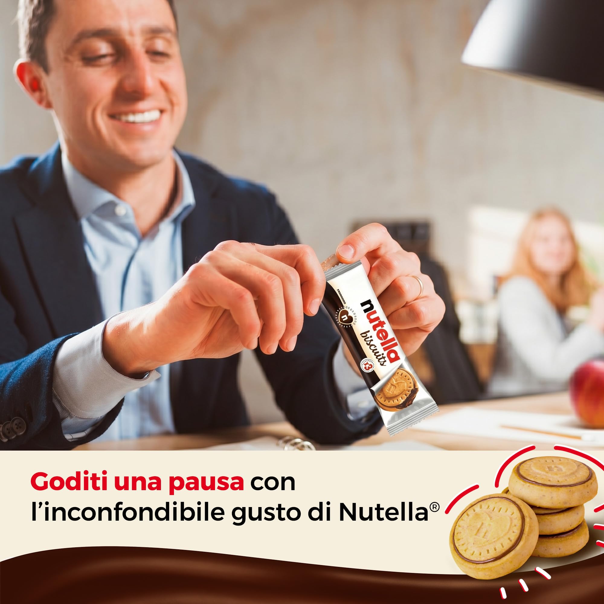 Nutella Biscuits - 84 Croccanti Biscotti con un Cremoso Ripieno di Nutella, con Farina di Frumento e Zucchero di Canna, Ideali come Colazione, Snack e Merenda, 28 Confezioni Monoporzione da 41,4 gr