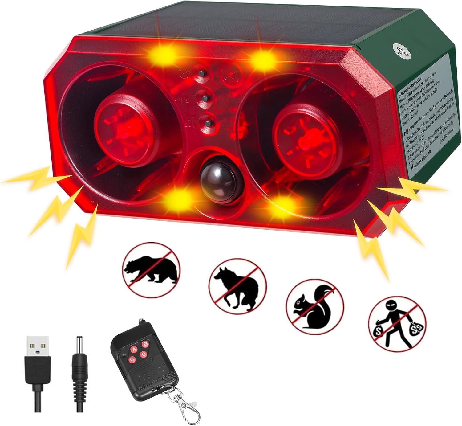 Solar Outdoor Cat Deterrent for Yard – Customizable Recording, Adjustable Volume, Multiple Modes, Ultrasonic Cat Deterrent for Farm, Pond, and Orchard Security with USB Charging and Remote Control