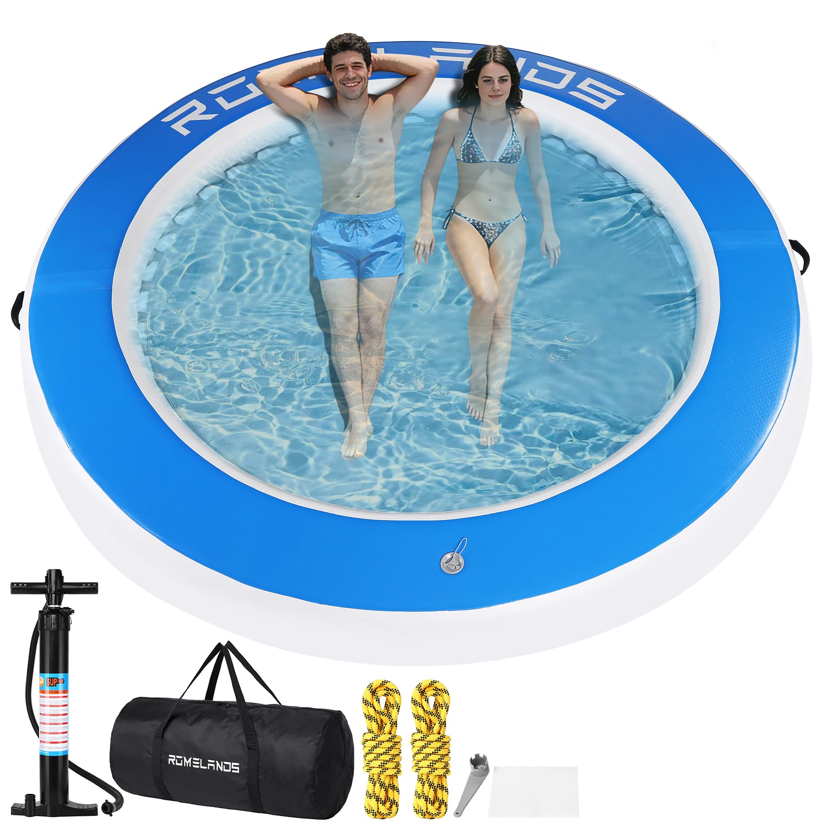 Inflatable Water Hammock Floating Dock, Round Float Ring for Summer Party, Heavy-Duty Raft Platform for Lakes Pools Oceans (Blue and white)