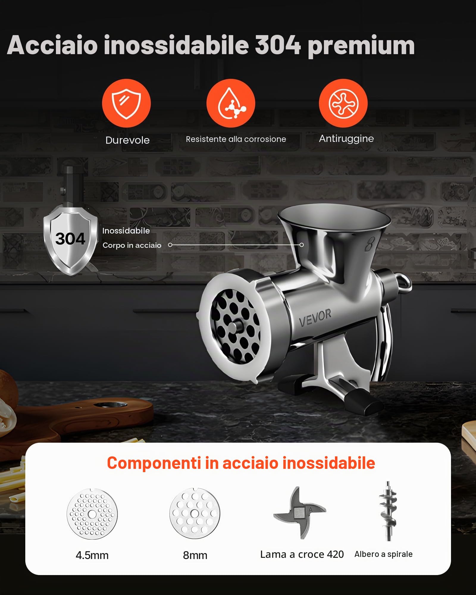 VEVOR Tritacarne Manuale con Manovella, Macchina Tritacarne per Salsicce in Acciaio Inox 304 con Morsetto da Tavolo, Insaccatrice per Salsicce con Piastre di Taglio (4,5/8 mm)