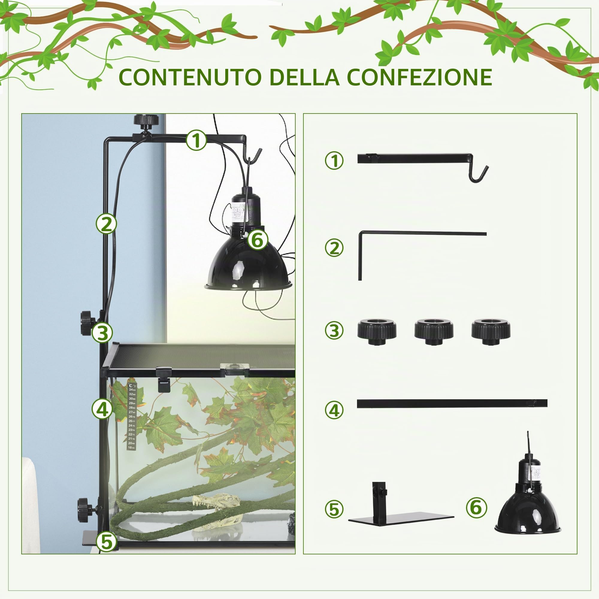 PawHut Supporto regolabile per lampada termica rettili 32x9x67 cm Nero