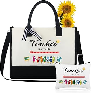2 Pcs Teacher Appreciation Gifts Teacher Canvas Tote Bag Shoulder Strap and Teacher Makeup Pouch Cosmetic Bags Christmas Valentines Thank You Gifts for Teacher (Classic Style)