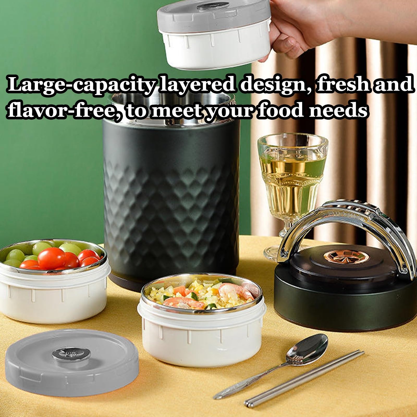 Vnook Fiambrera térmica de Acero Inoxidable 3/4 Niveles, Recipiente Sopa con Aislamiento, con asa, Aislamiento al vacío, a Prueba de Fugas, for Oficina, hogar, Picnic, Trabajo y Escuela(2L)