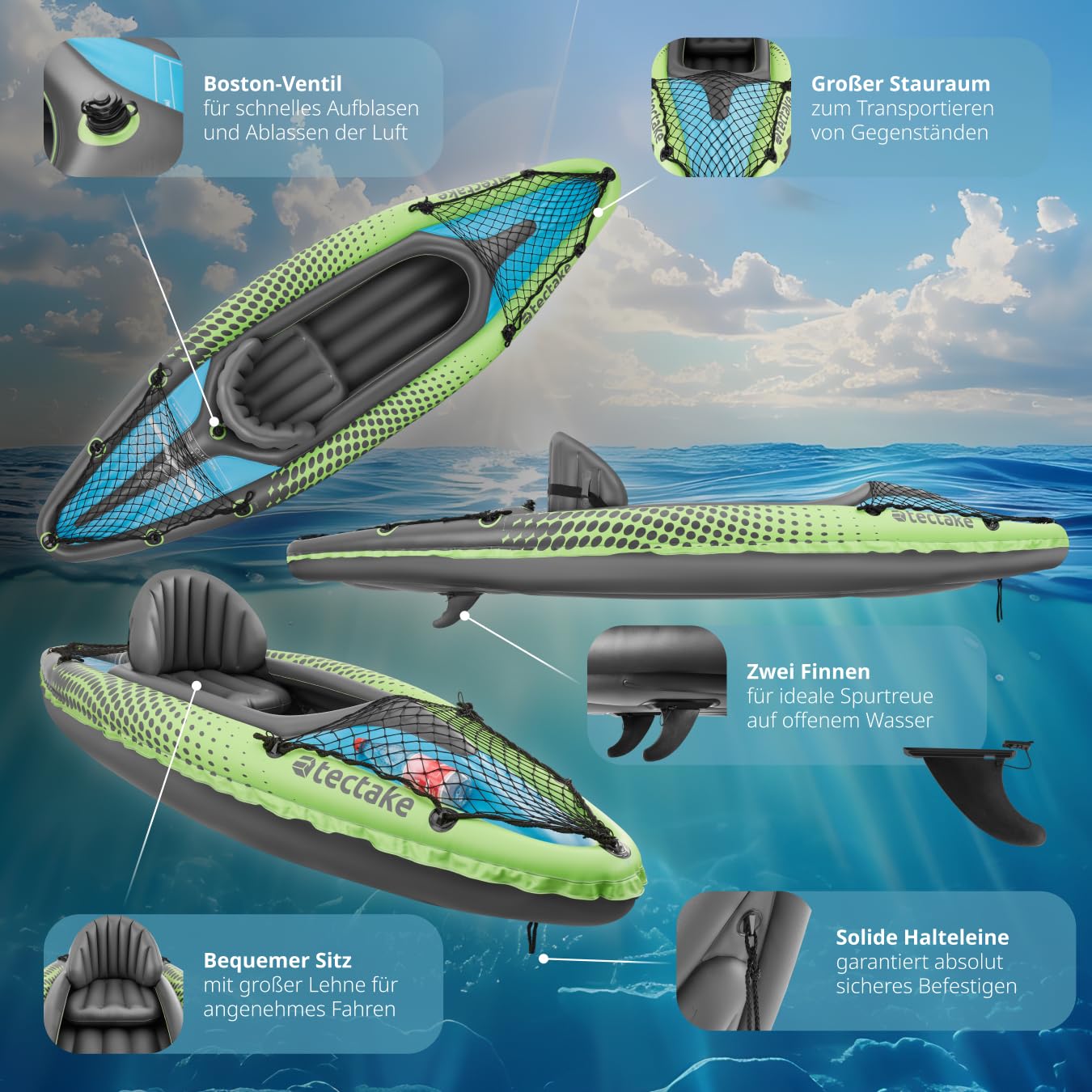 tectake® Kajak Boot aufblasbar, aufblasbares Kanu Paddelboot für 1 Person mit Doppelpaddel und Zubehör Sitz, Pumpe, Transporttasche, für Wassersport, Freizeit, als Angelboot, Ruderboot