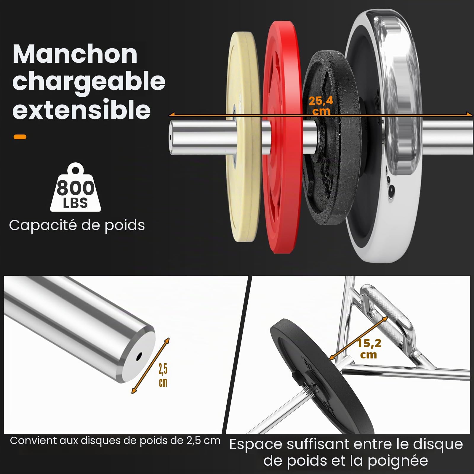 FANTASK Trap Bar, Hex Bar en 3 parties, 25 mm, charge maximale : 226 kg, avec 2 fermetures à ressort, barre d'haltères hexagonale, pour squats, soulevés de terre, soulevés d'épaules, argent
