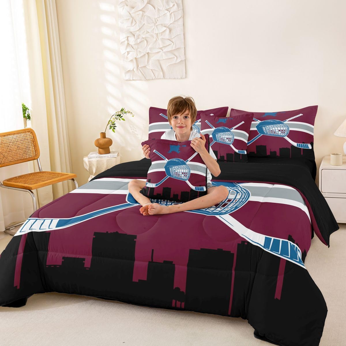 Erosebridal Boys Hockey 7 Pieces Bedding Set Winter Sports Queen Comforter Set with Sheets for Boys Girls Kids Room Decor Ice Hockey Bed in a Bag Bed Set Hockey Team Bedding for Bedroom,