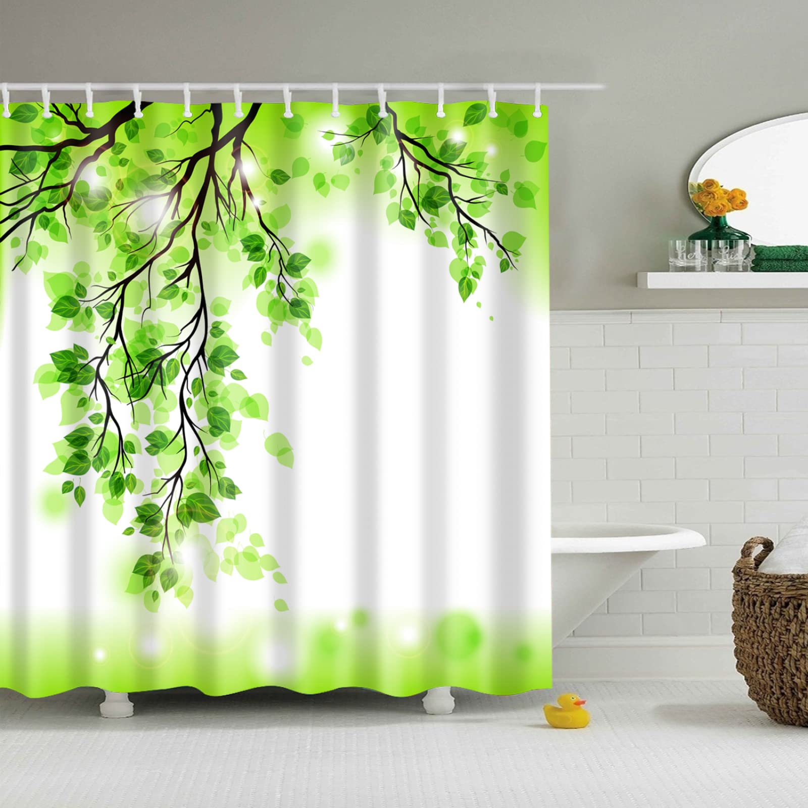 Tenda Doccia Le Foglie Dei Rami Verdi Tenda Doccia Antimuffa Impermeabile Poliestere Lavabile con 12 Ganci Facile da Installare Tende Finestra Bagno per Dormitorio Hotel(180x220cm)